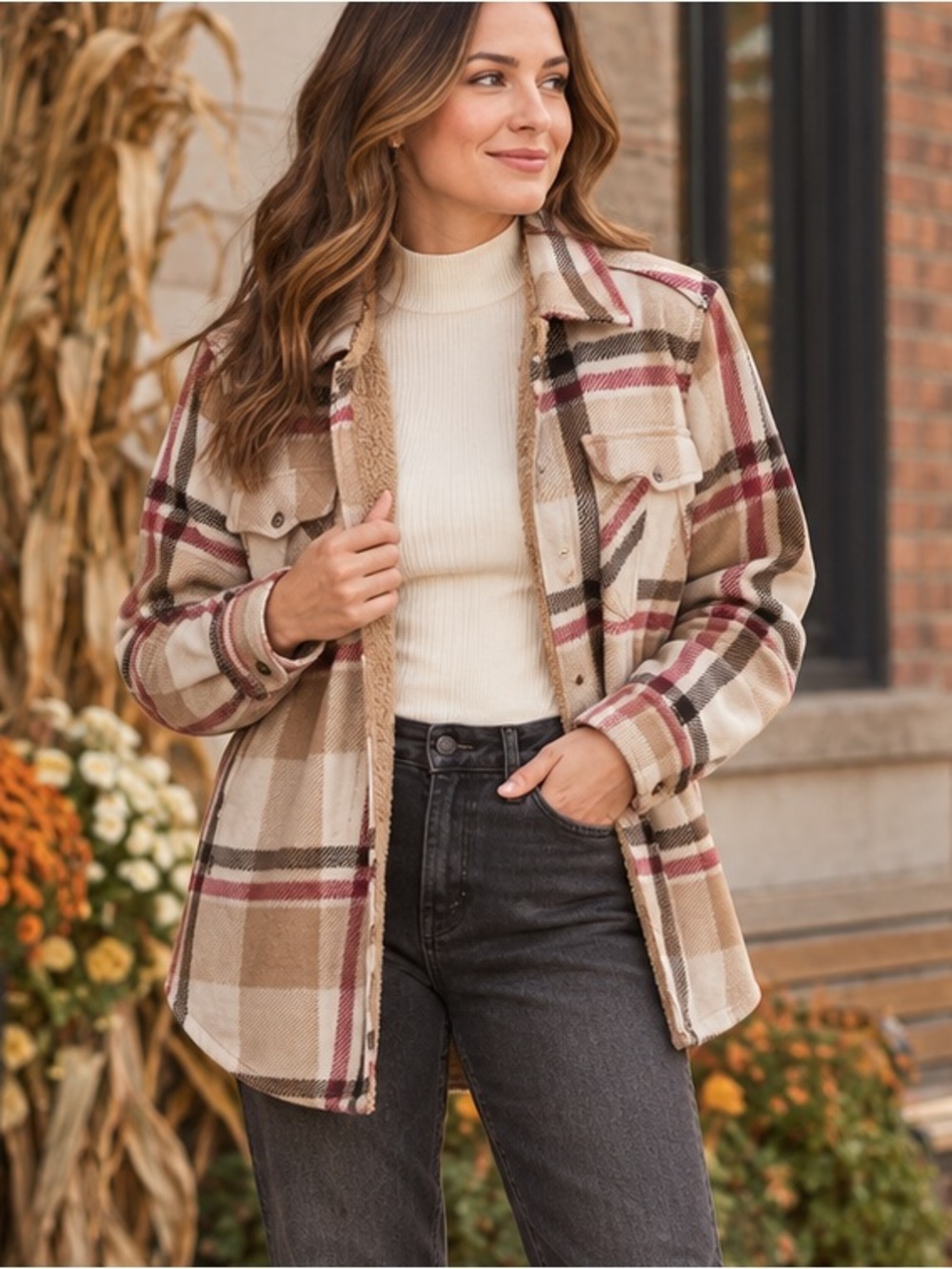 Realtree Plaid Sherpa Lined Shacket Jacket Beige Burgundy M
